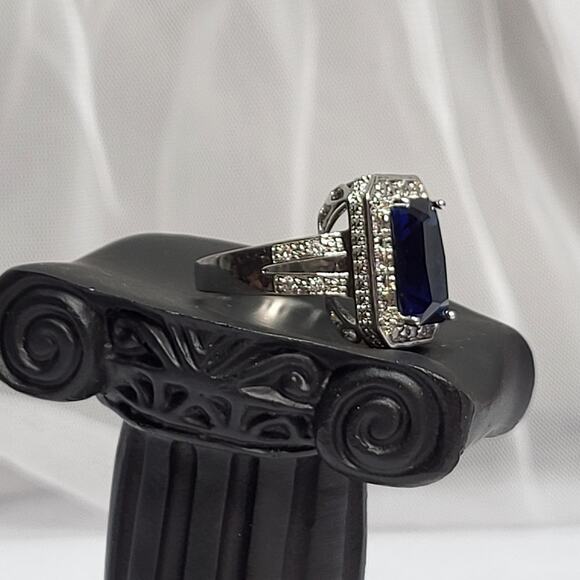 Blue Princess Cut Cabochon w Diamond chip accent 925 Sterling Silver Ring Sz 8.5 - Picture 2 of 8